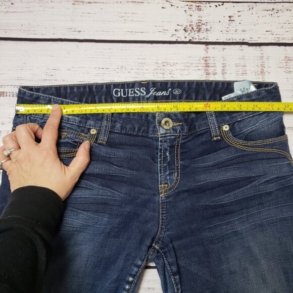 Guess Jeans Flirty Boot Cut Dark Wash Stretch Distressed Flap Pockets - Picture 6 of 15